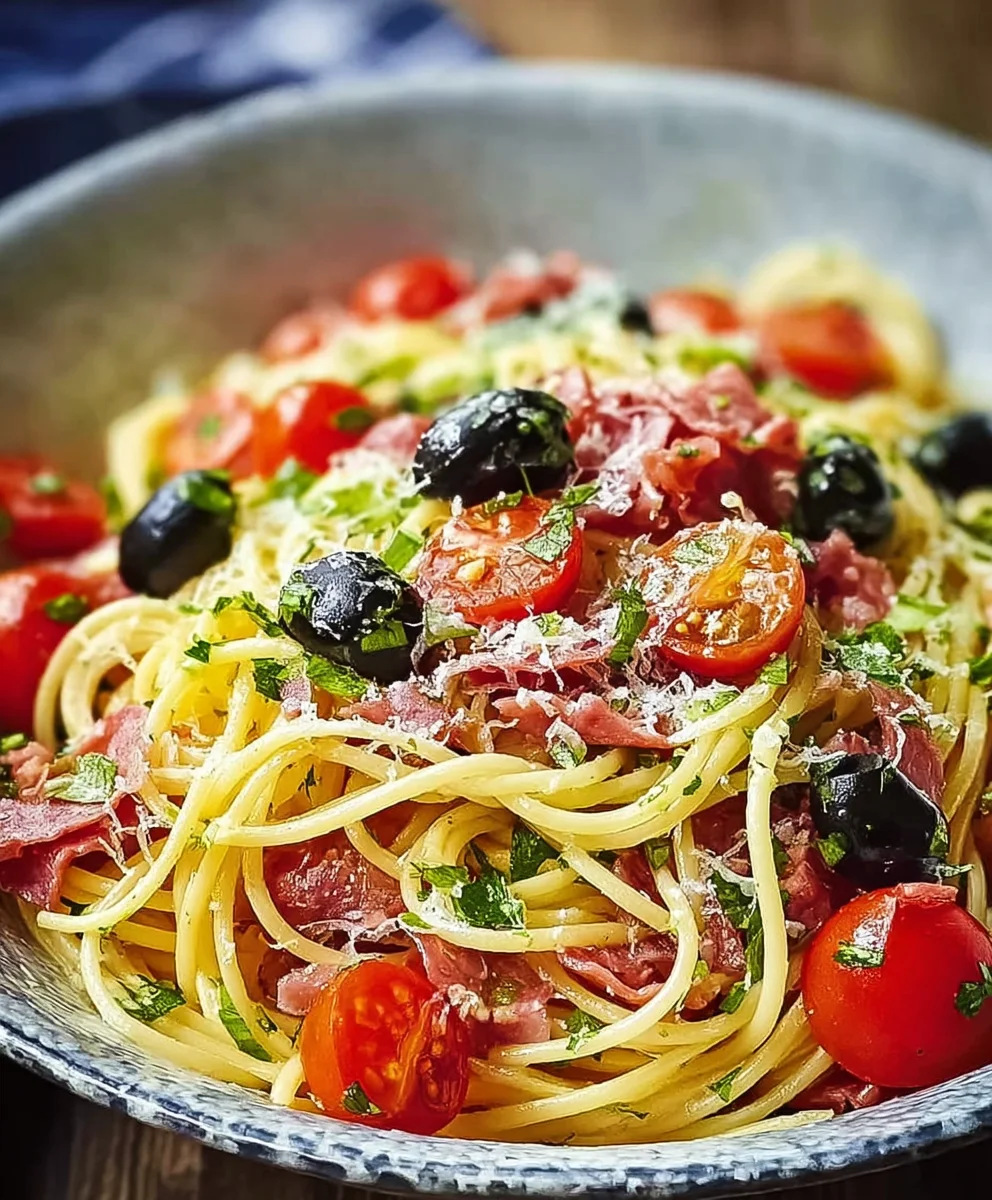 Spaghettisalat: Tomaten, Beef, Salami, Oliven Rezept