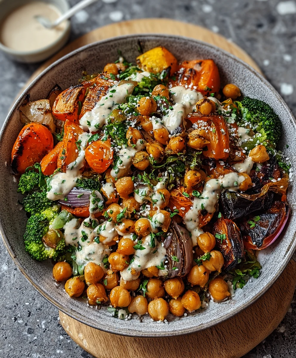Geröstetes Gemüse Kichererbsen Bowl | Tahini Dressing