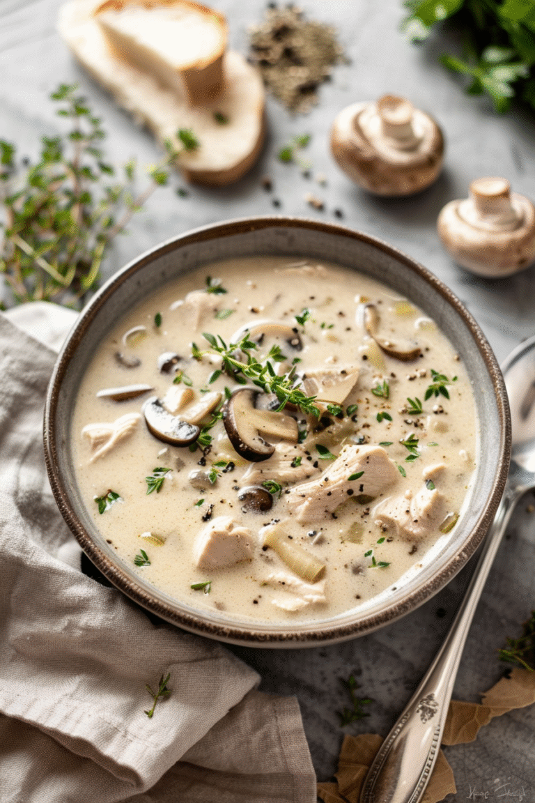 Herzhaft-cremige Hähnchen-Pilzsuppe mit Rotisserie-Hähnchen